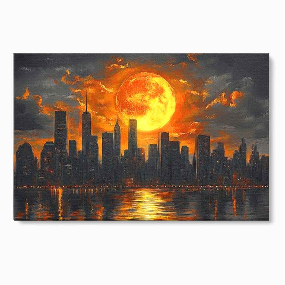 Tablou canvas cu tablou canvas cu apus de soare deasupra metropolei, fara rama, pe sasiu de lemn