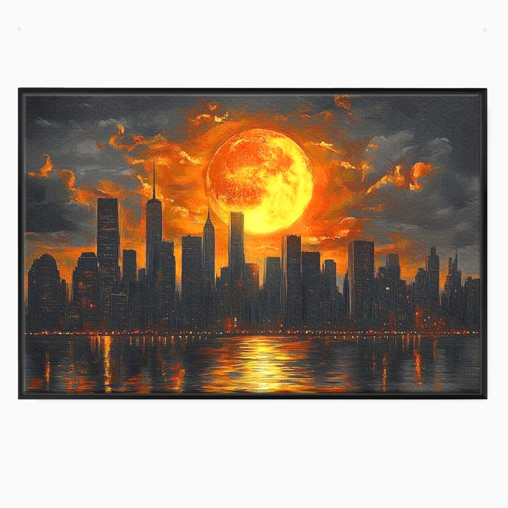 Tablou canvas cu tablou canvas cu apus de soare deasupra metropolei, in rama de aluminiu negru