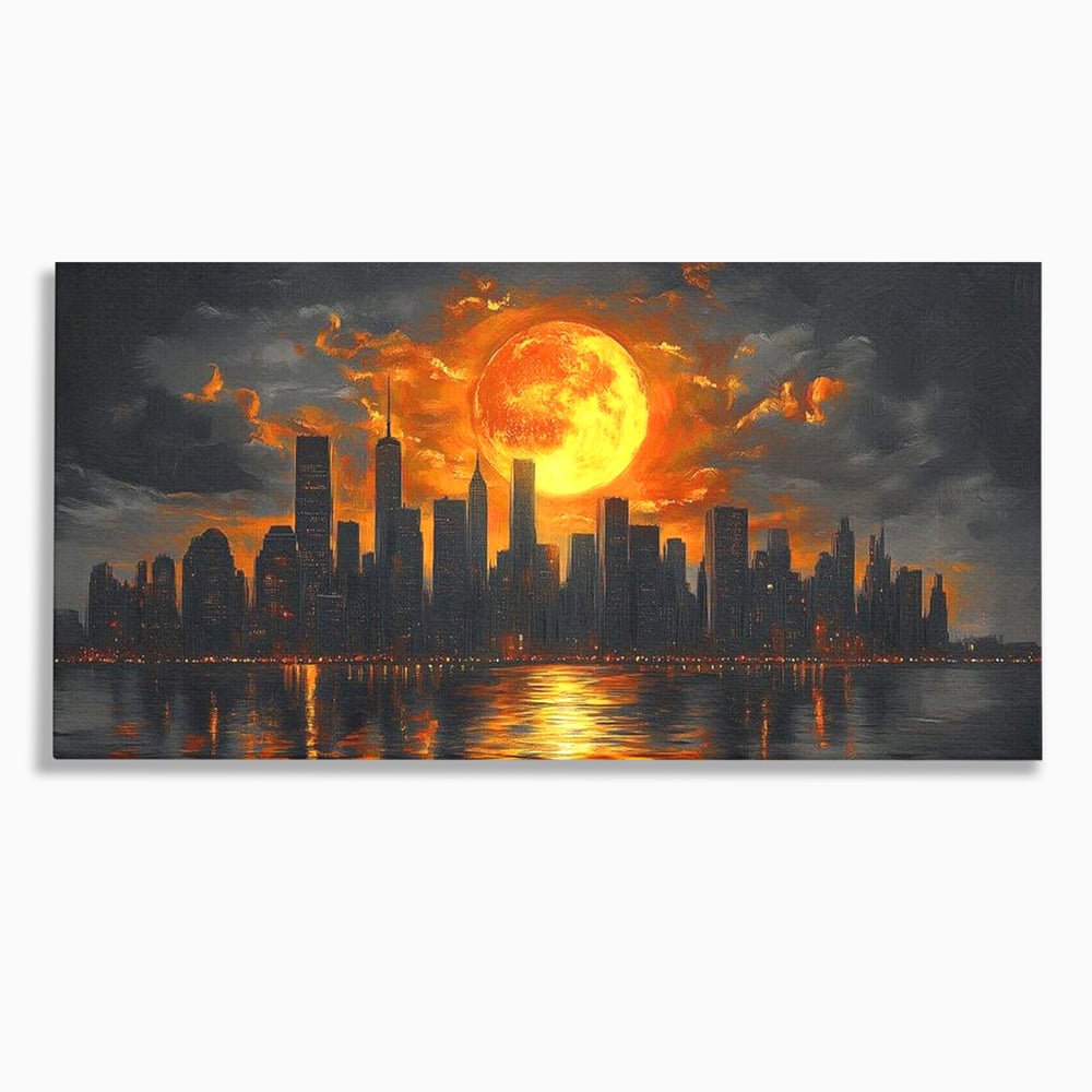 Tablou canvas cu tablou canvas cu apus de soare deasupra metropolei, fara rama, pe sasiu de lemn