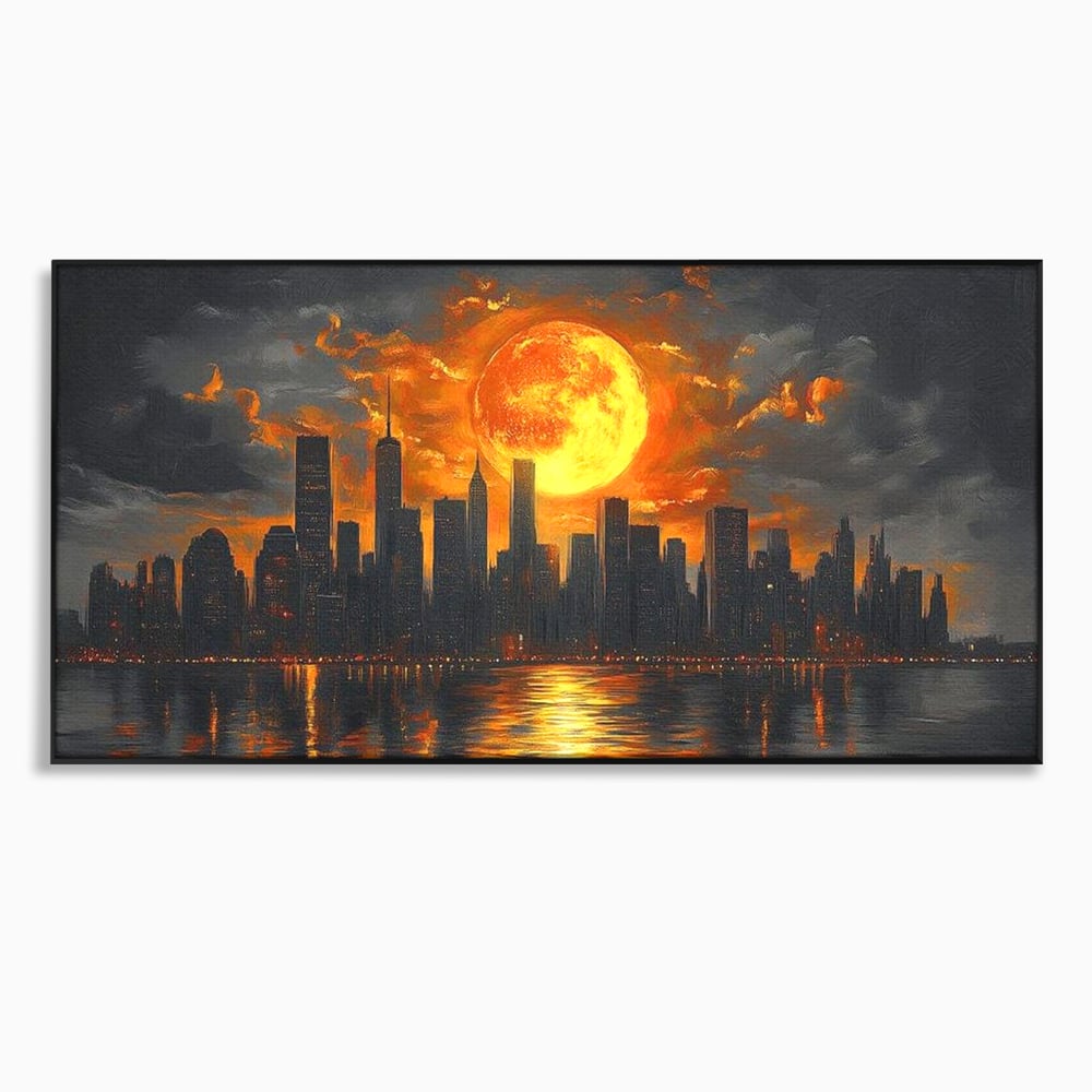 Tablou canvas cu tablou canvas cu apus de soare deasupra metropolei, in rama de aluminiu negru