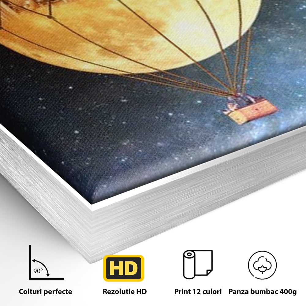 Detaliu al suprafetei: ilustratie cu oras pe luna balon, in rama de aluminiu argintiu