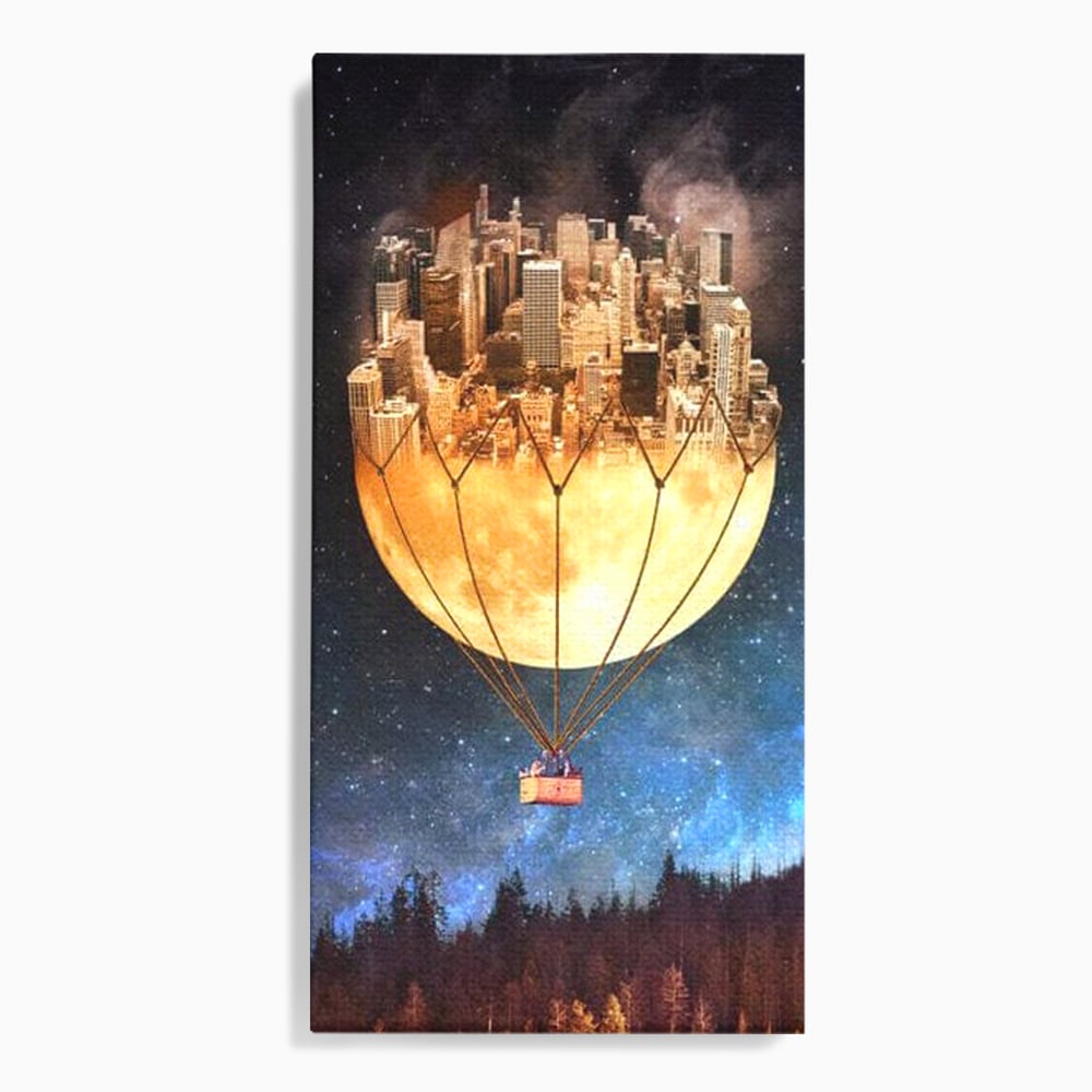 Tablou canvas cu ilustratie cu oras pe luna balon, fara rama, pe sasiu de lemn