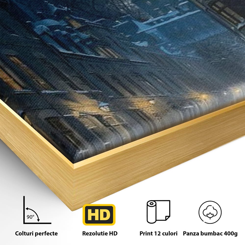 Detaliu al suprafetei: tablou canvas cu strada iarna noaptea, in rama de aluminiu auriu
