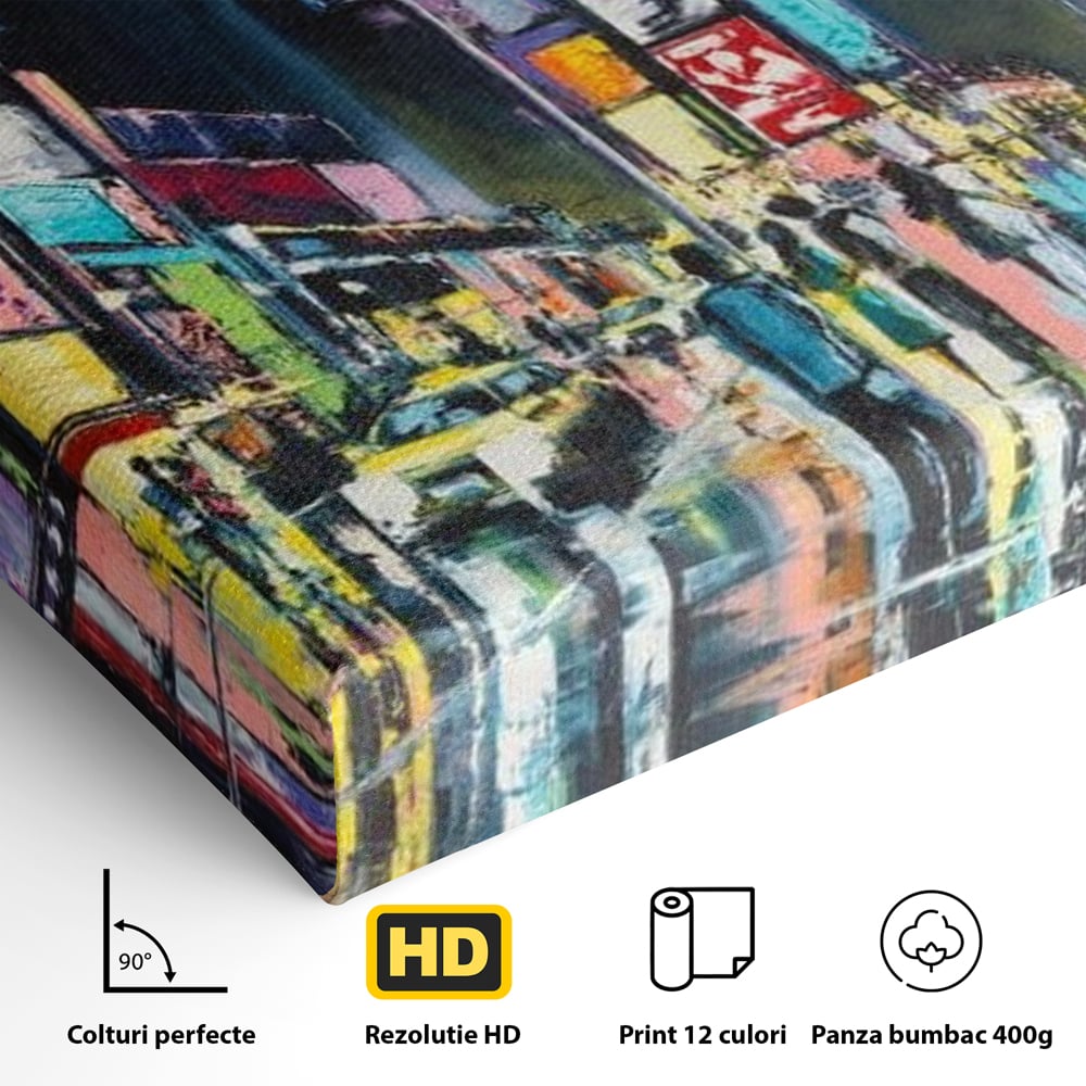 Detaliu al suprafetei: tablou canvas cu peisaj urban nocturn din new york, fara rama, pe sasiu de lemn