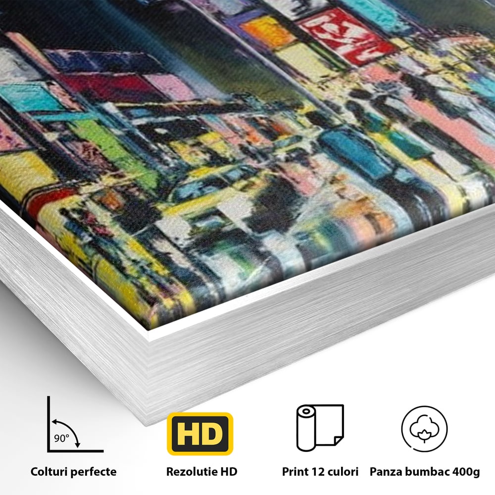 Detaliu al suprafetei: tablou canvas cu peisaj urban nocturn din new york, in rama de aluminiu argintiu