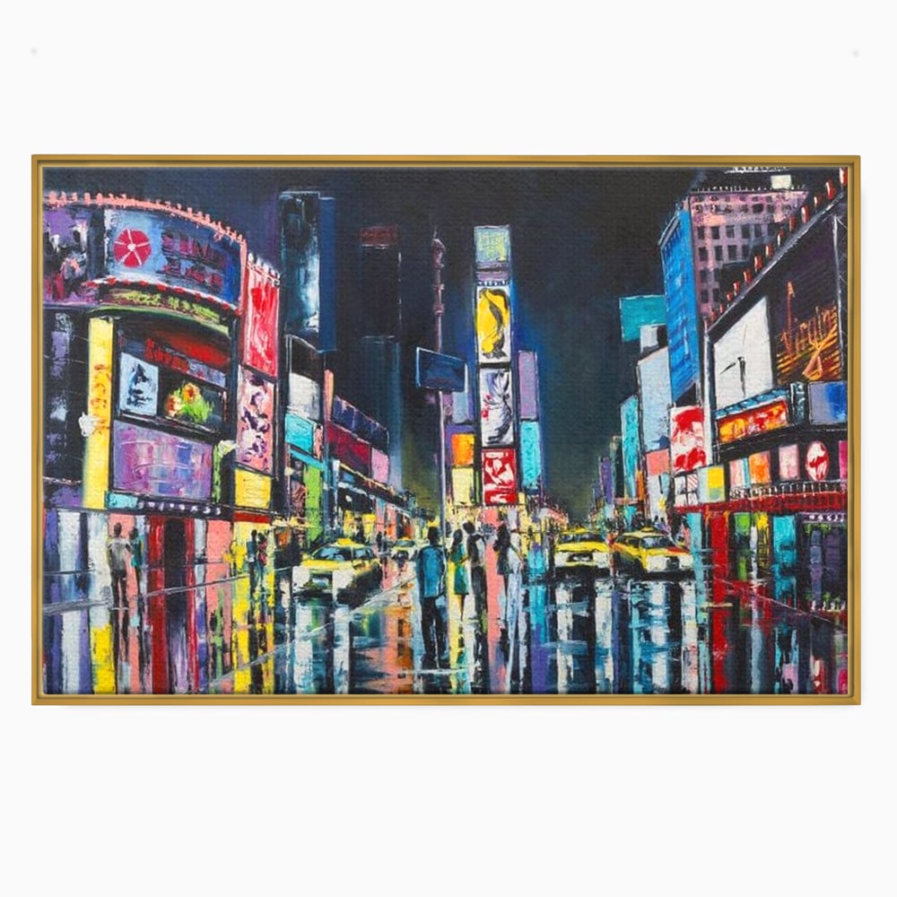 Tablou canvas cu tablou canvas cu peisaj urban nocturn din new york, in rama de aluminiu auriu