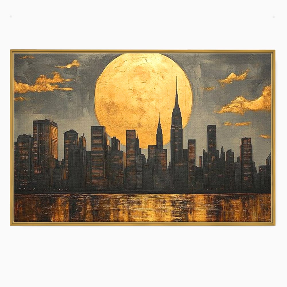 Tablou canvas cu pictura orizontala cu metropola si luna aurie, in rama de aluminiu auriu