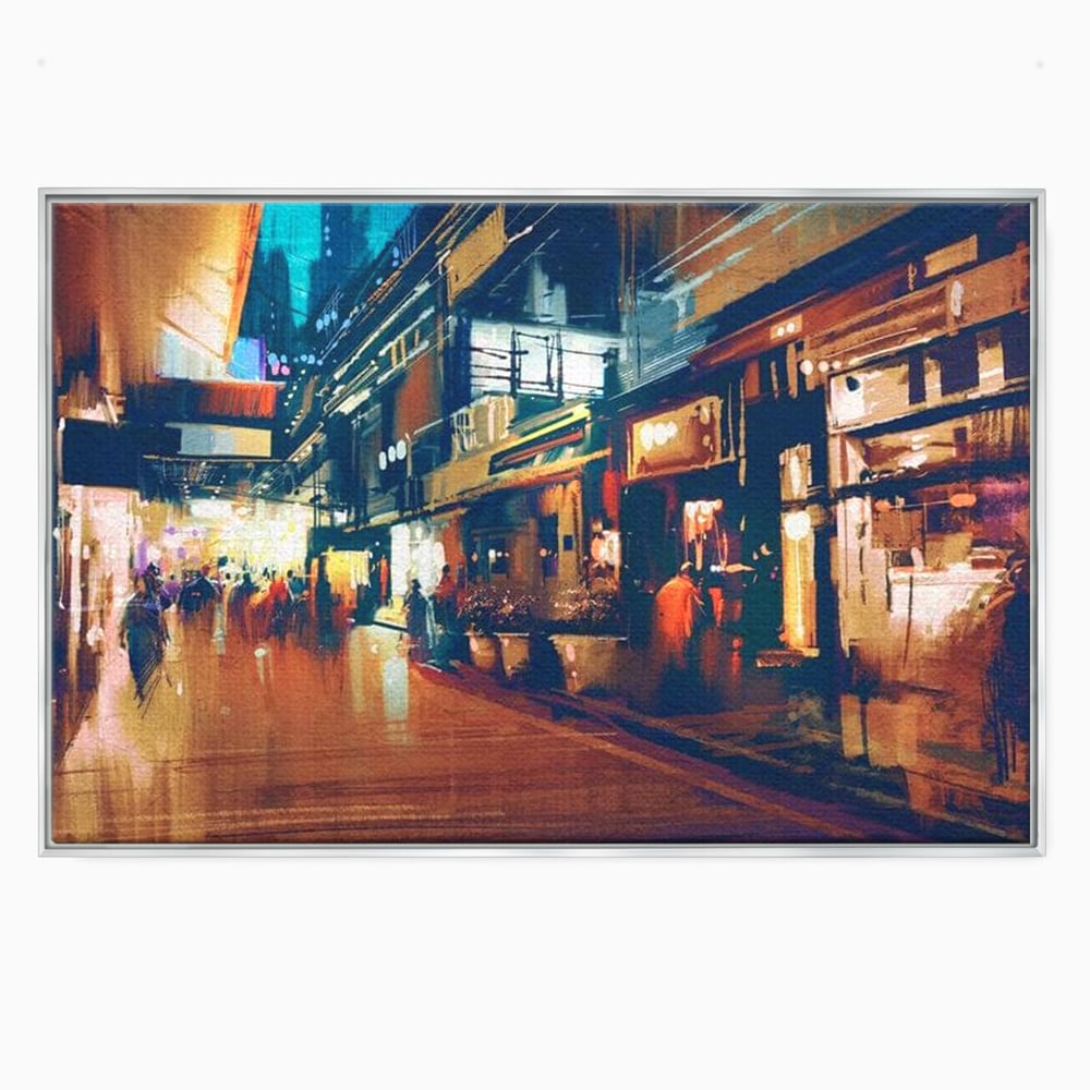 Tablou canvas cu pictura urbana cu strada luminata noaptea, in rama de aluminiu argintiu