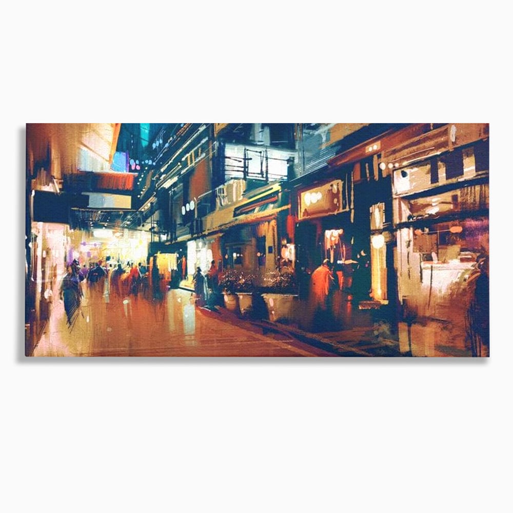 Tablou canvas cu pictura urbana cu strada luminata noaptea, fara rama, pe sasiu de lemn