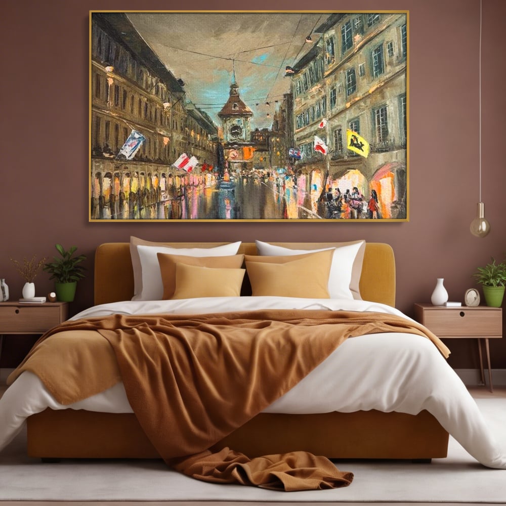 Tablou canvas cu pictura stradala cu turn ceas in ploaie, in rama de aluminiu auriu, pe perete intr-un dormitor