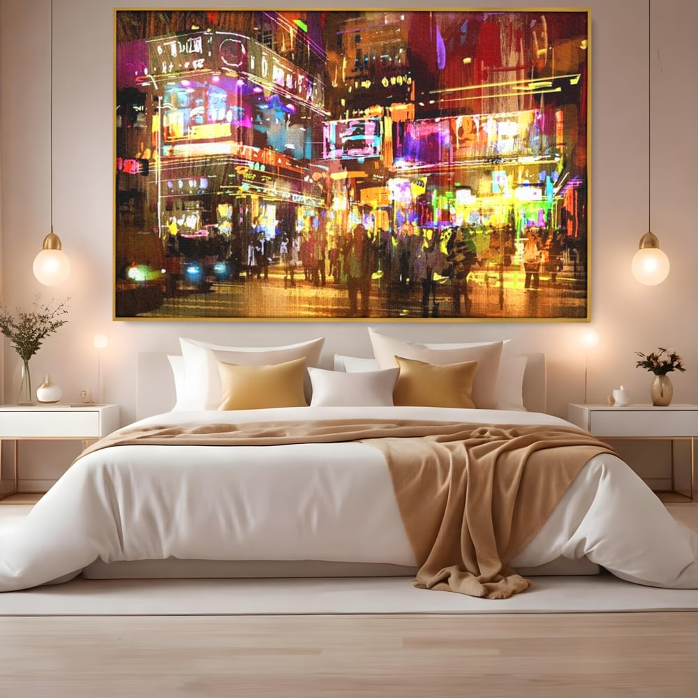 Tablou canvas cu pictura stradala urbana in neon, in rama de aluminiu auriu, pe perete intr-un dormitor