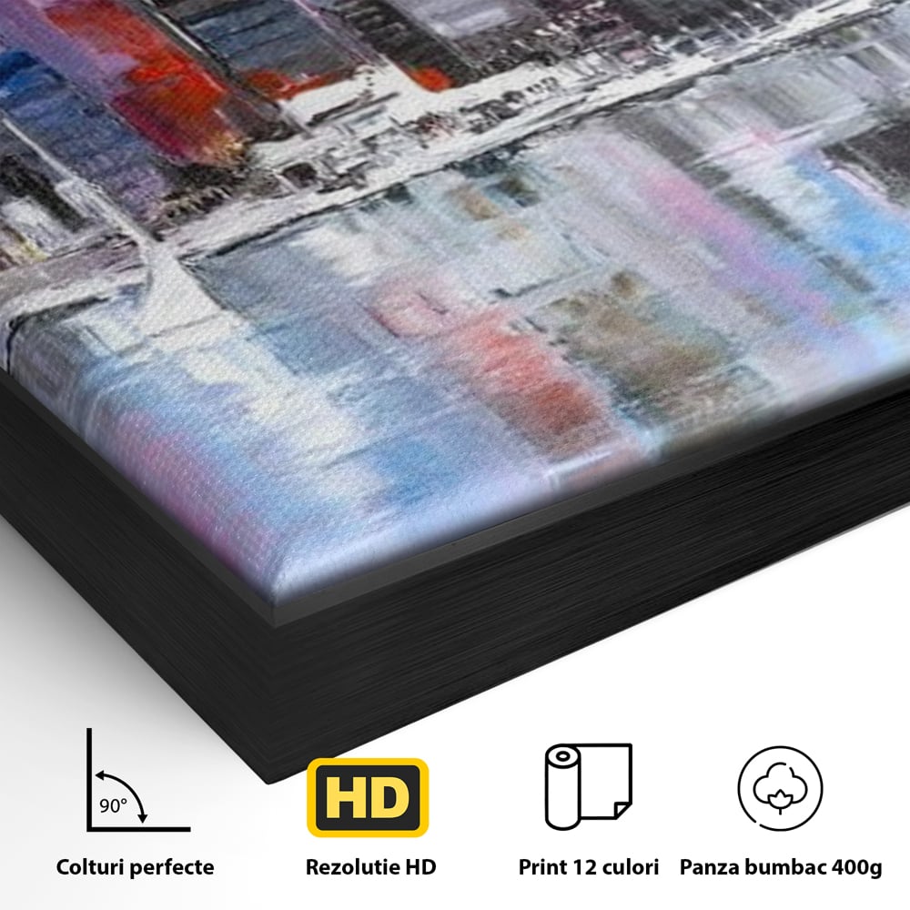 Detaliu al suprafetei: pictura peisaj urban cu vele pe apa, in rama de aluminiu negru