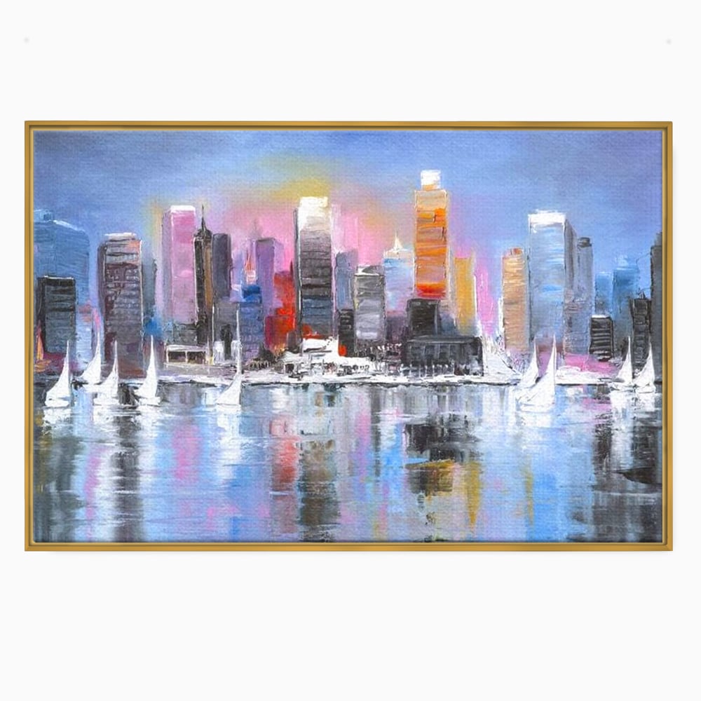 Tablou canvas cu pictura peisaj urban cu vele pe apa, in rama de aluminiu auriu