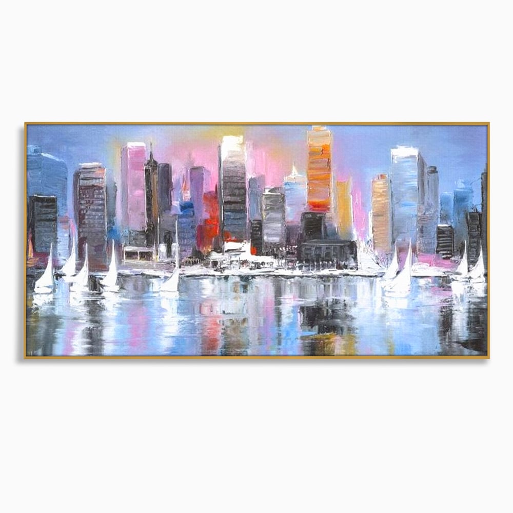 Tablou canvas cu pictura peisaj urban cu vele pe apa, in rama de aluminiu auriu