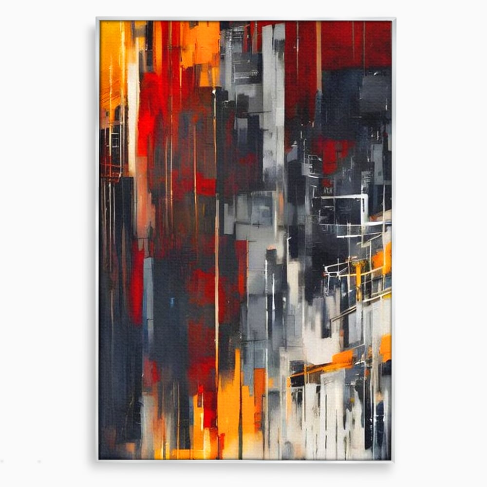 Tablou canvas cu pictura abstracta verticala cu linii urbane, in rama de aluminiu argintiu