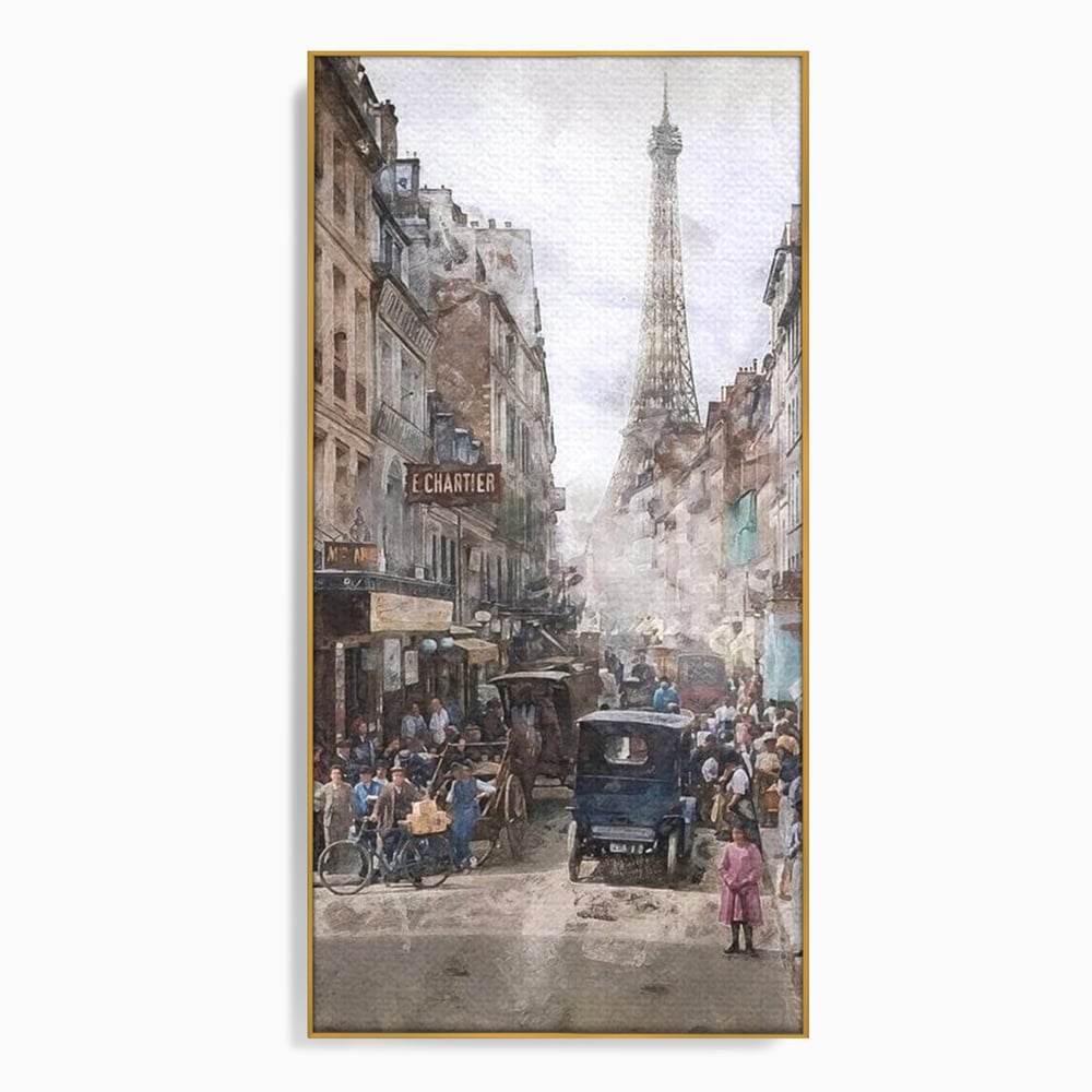 Tablou canvas cu pictura stradala cu turnul eiffel, in rama de aluminiu auriu