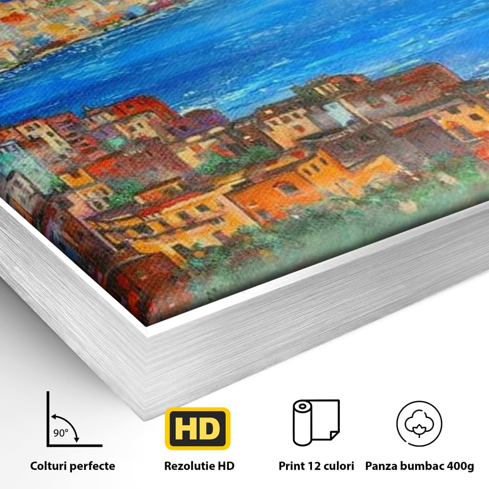 Detaliu al suprafetei: tablou canvas cu peisaj din napoli, in rama de aluminiu argintiu