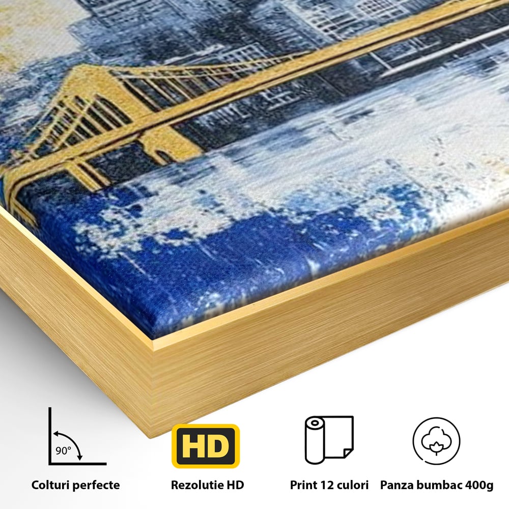 Detaliu al suprafetei: tablou canvas cu peisaj urban si pod, in rama de aluminiu auriu