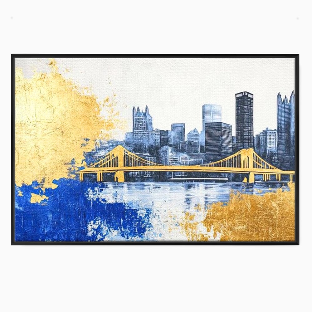Tablou canvas cu tablou canvas cu peisaj urban si pod, in rama de aluminiu negru