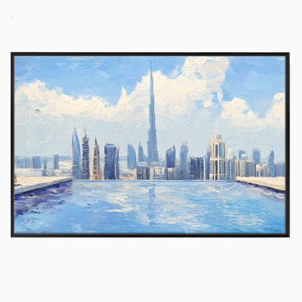 Tablou canvas cu tablou canvas cu peisaj urban din dubai, in rama de aluminiu negru
