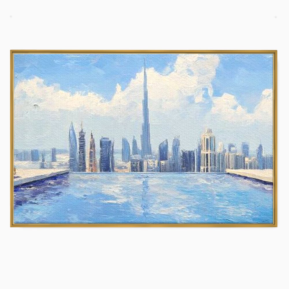 Tablou canvas cu tablou canvas cu peisaj urban din dubai, in rama de aluminiu auriu
