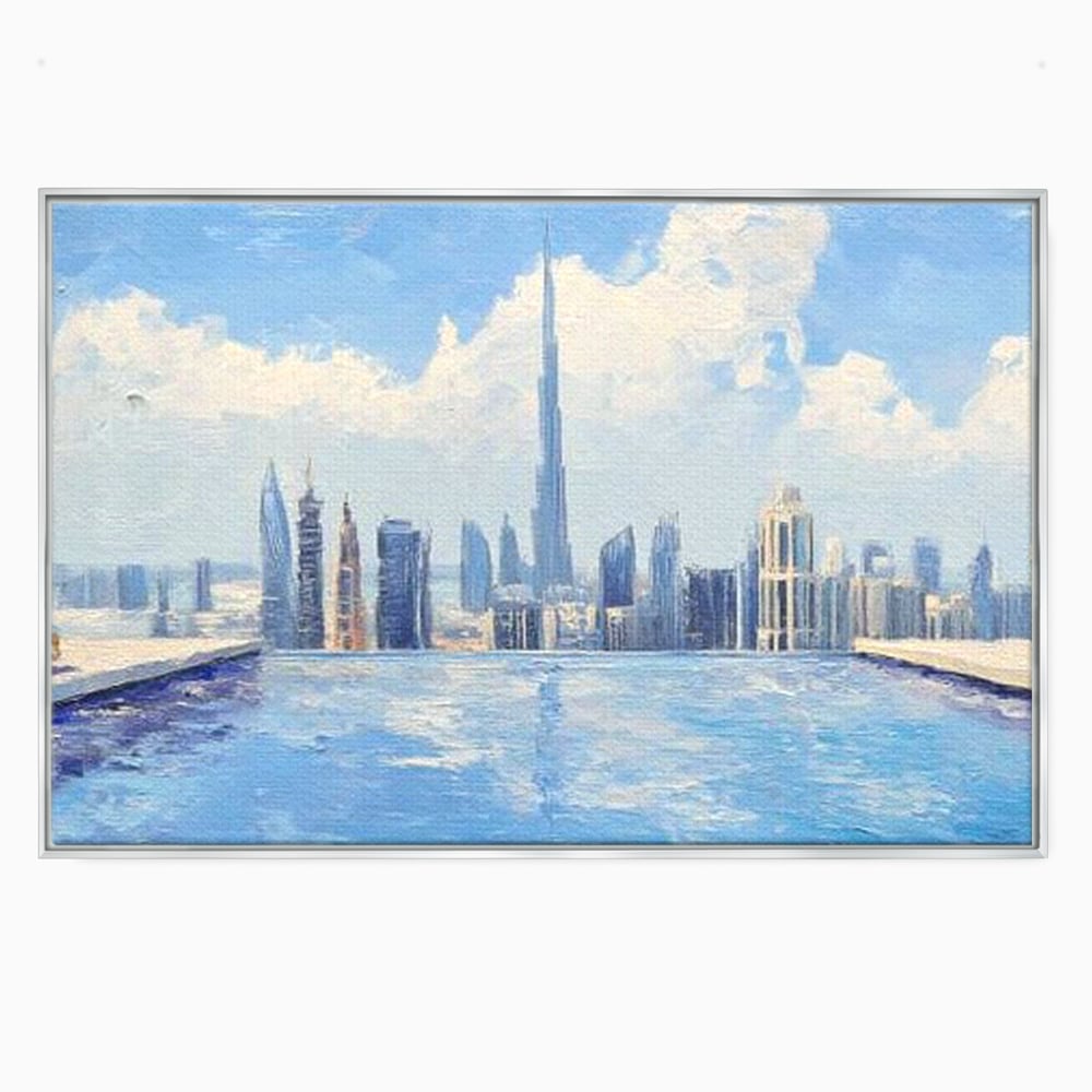 Tablou canvas cu tablou canvas cu peisaj urban din dubai, in rama de aluminiu argintiu