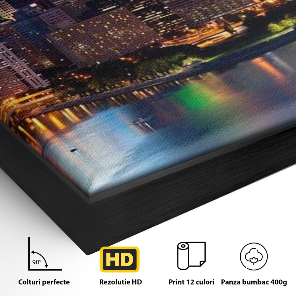 Detaliu al suprafetei: tablou canvas cu peisaj nocturn urban, in rama de aluminiu negru