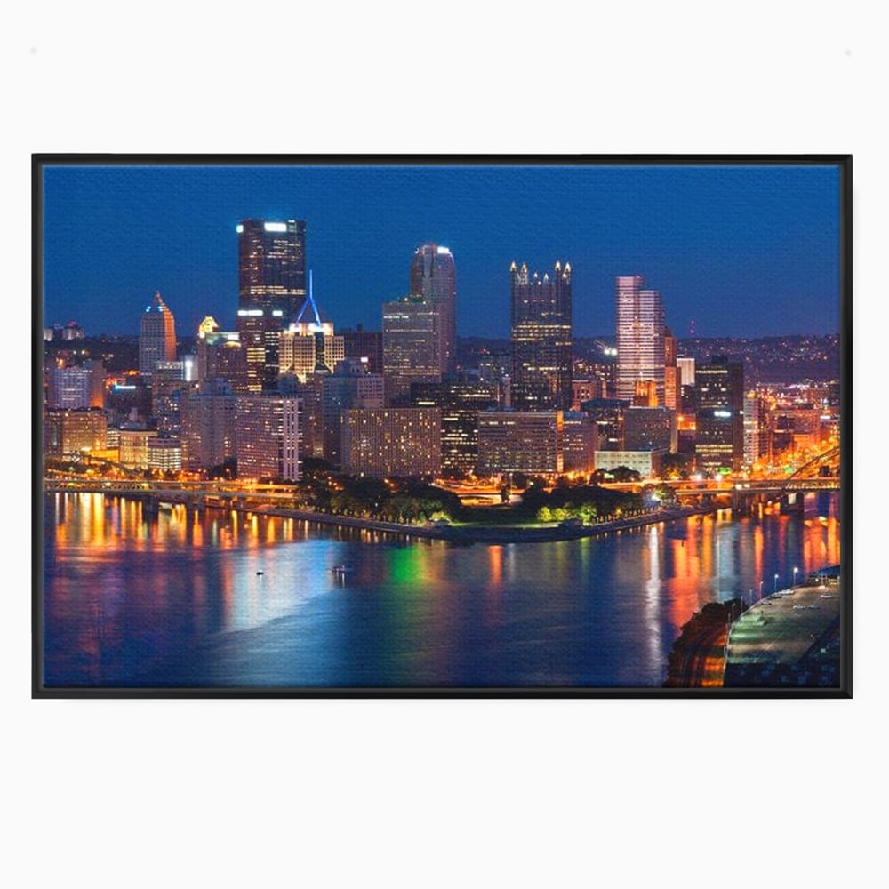 Tablou canvas cu tablou canvas cu peisaj nocturn urban, in rama de aluminiu negru