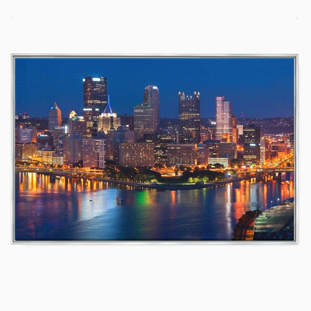 Tablou canvas cu tablou canvas cu peisaj nocturn urban, in rama de aluminiu argintiu