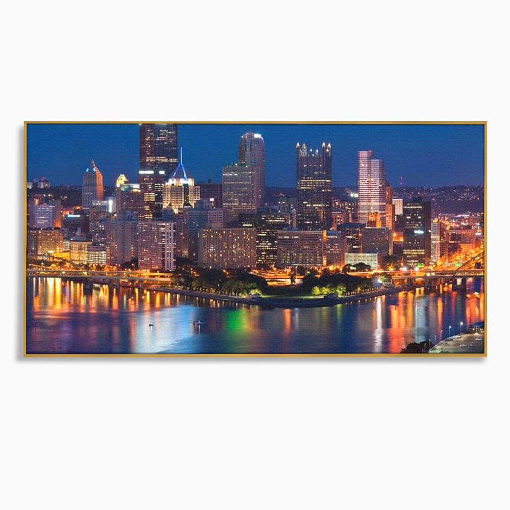 Tablou canvas cu tablou canvas cu peisaj nocturn urban, in rama de aluminiu auriu