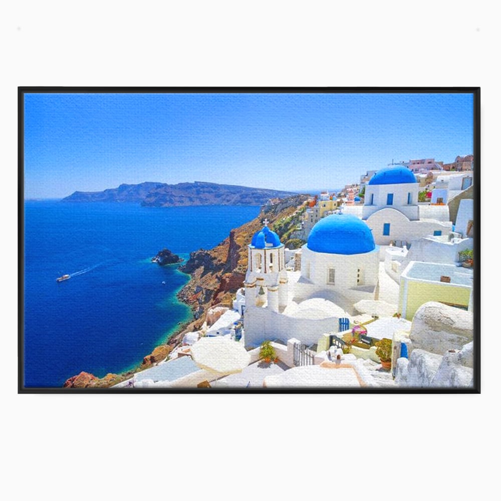 Tablou canvas cu tablou canvas cu peisaj din santorini, in rama de aluminiu negru
