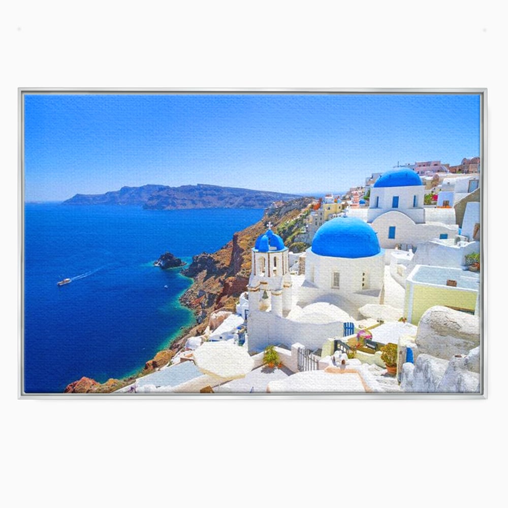 Tablou canvas cu tablou canvas cu peisaj din santorini, in rama de aluminiu argintiu