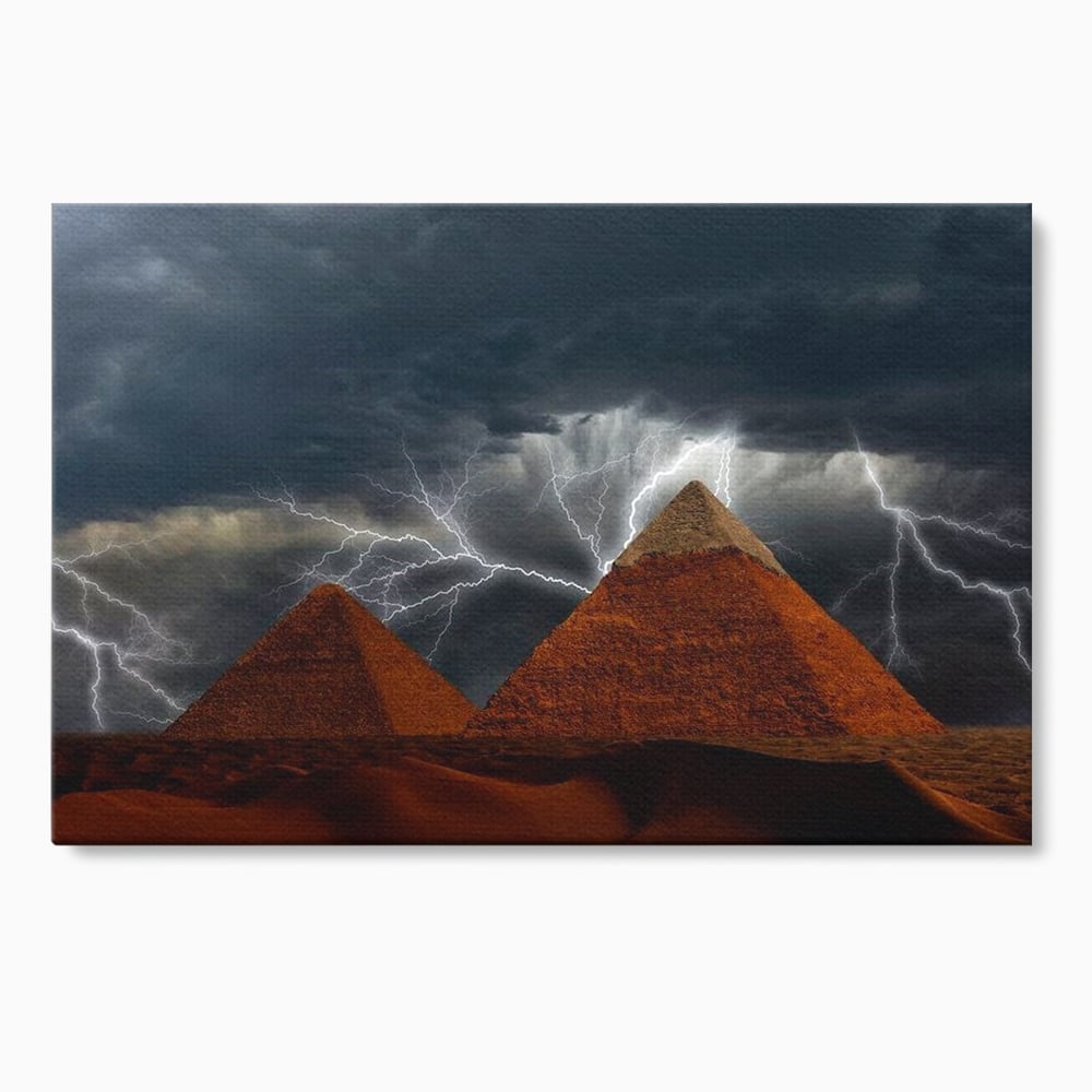 Tablou canvas cu ilustratie cu piramide si fulgere, fara rama, pe sasiu de lemn