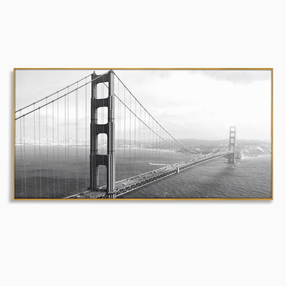 Tablou canvas cu fotografie alb-negru cu podul golden gate, in rama de aluminiu auriu