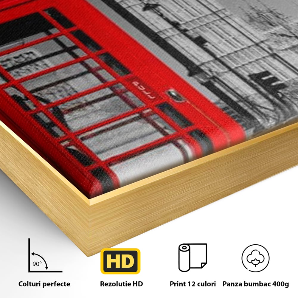 Detaliu al suprafetei: tablou canvas cu cabina rosie si big ben, in rama de aluminiu auriu