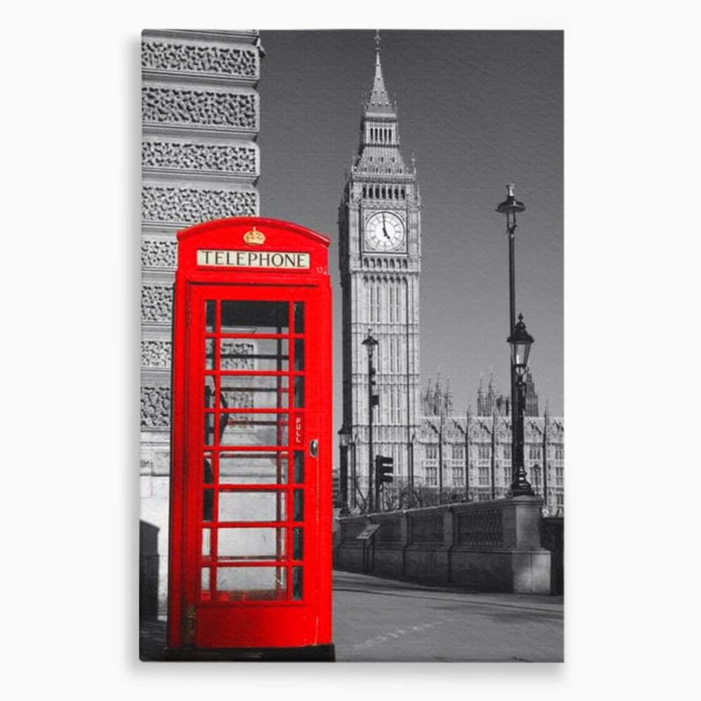 Tablou canvas cu tablou canvas cu cabina rosie si big ben, fara rama, pe sasiu de lemn