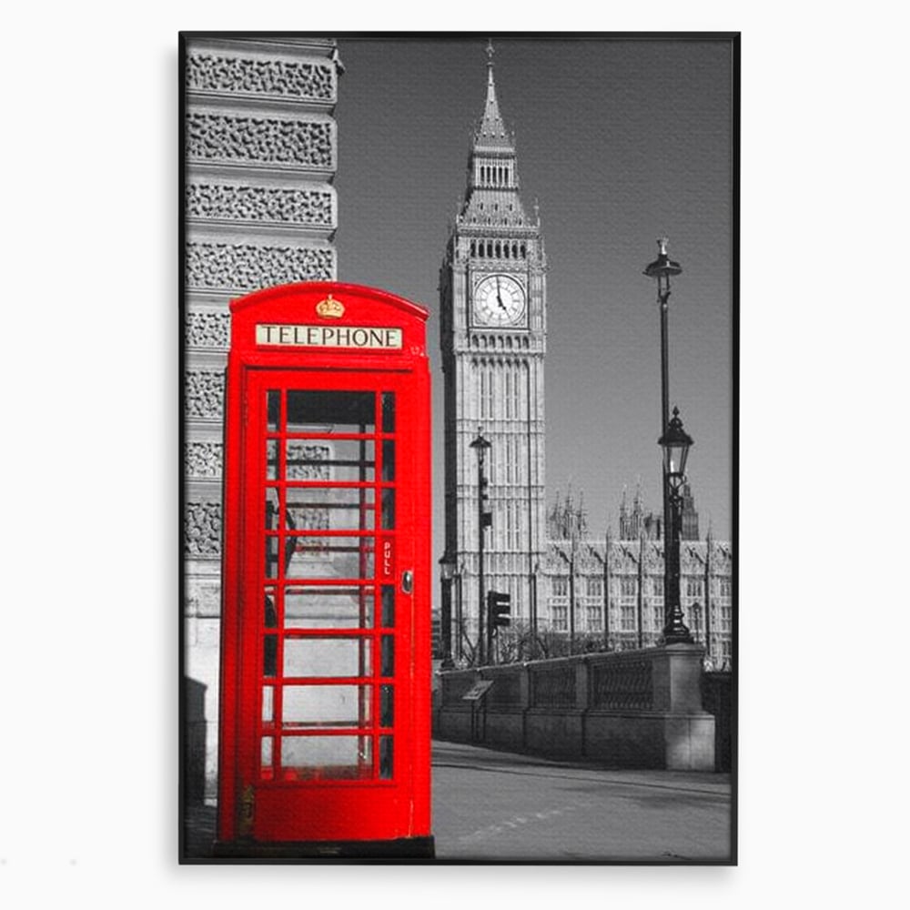 Tablou canvas cu tablou canvas cu cabina rosie si big ben, in rama de aluminiu negru