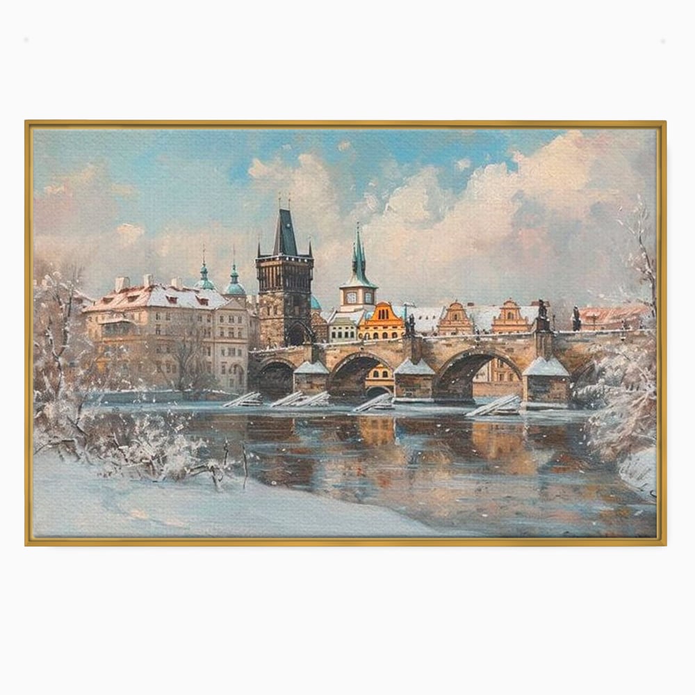 Tablou canvas cu pictura cu podul carol din praga iarna, in rama de aluminiu auriu