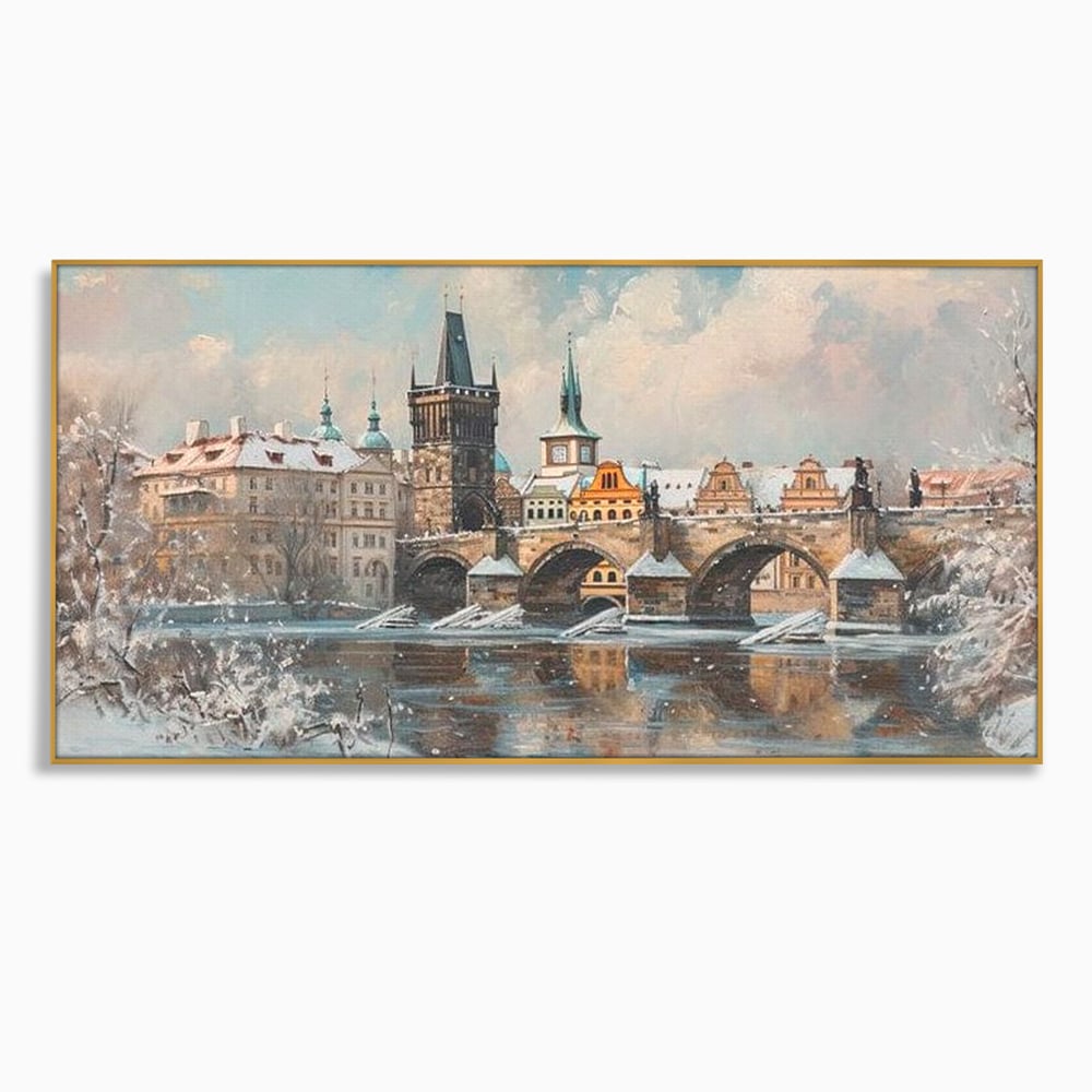 Tablou canvas cu pictura cu podul carol din praga iarna, in rama de aluminiu auriu
