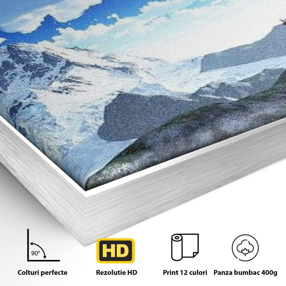 Detaliu al suprafetei: tablou canvas cu pagoda si munti inzapeziti, in rama de aluminiu argintiu