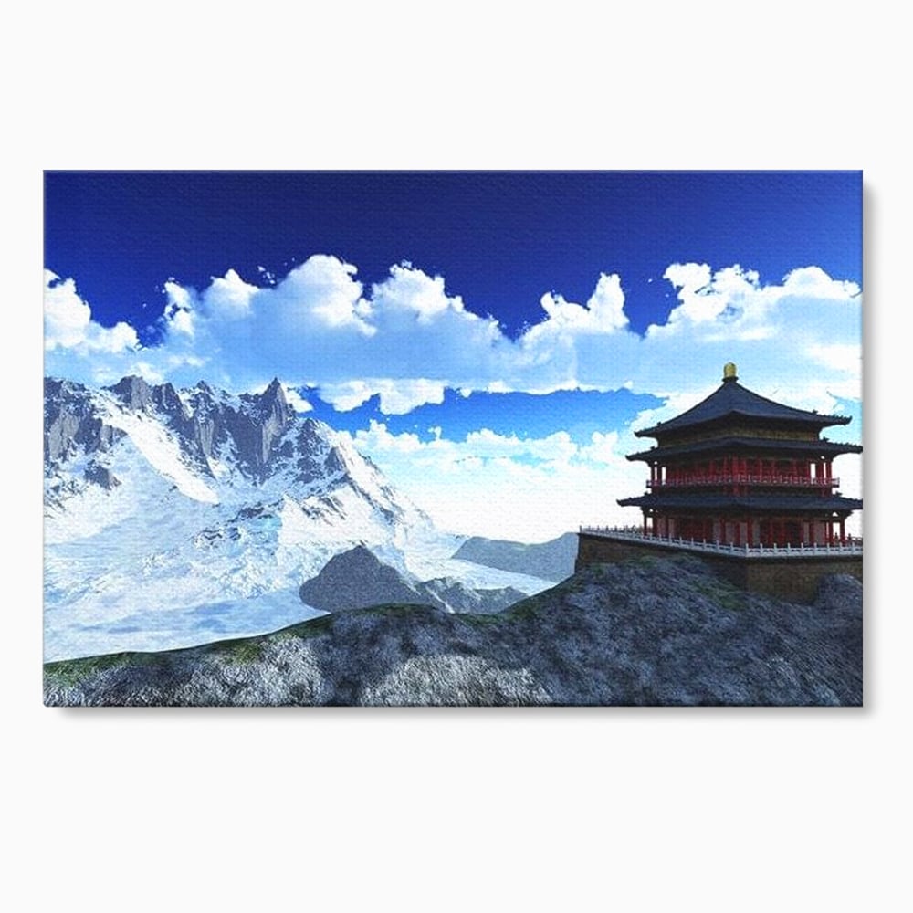 Tablou canvas cu tablou canvas cu pagoda si munti inzapeziti, fara rama, pe sasiu de lemn