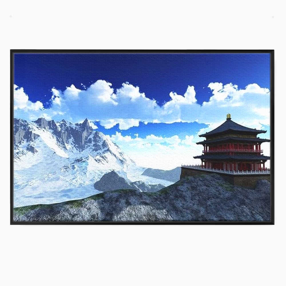Tablou canvas cu tablou canvas cu pagoda si munti inzapeziti, in rama de aluminiu negru
