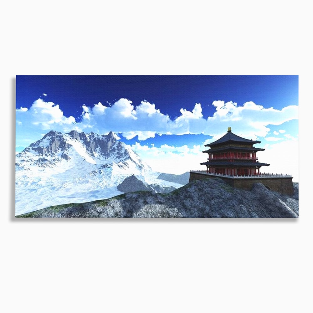 Tablou canvas cu tablou canvas cu pagoda si munti inzapeziti, fara rama, pe sasiu de lemn