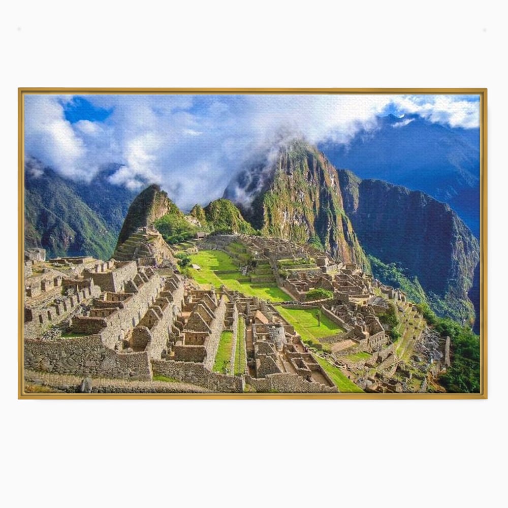 Tablou canvas cu tablou canvas cu cetatea machu picchu, in rama de aluminiu auriu