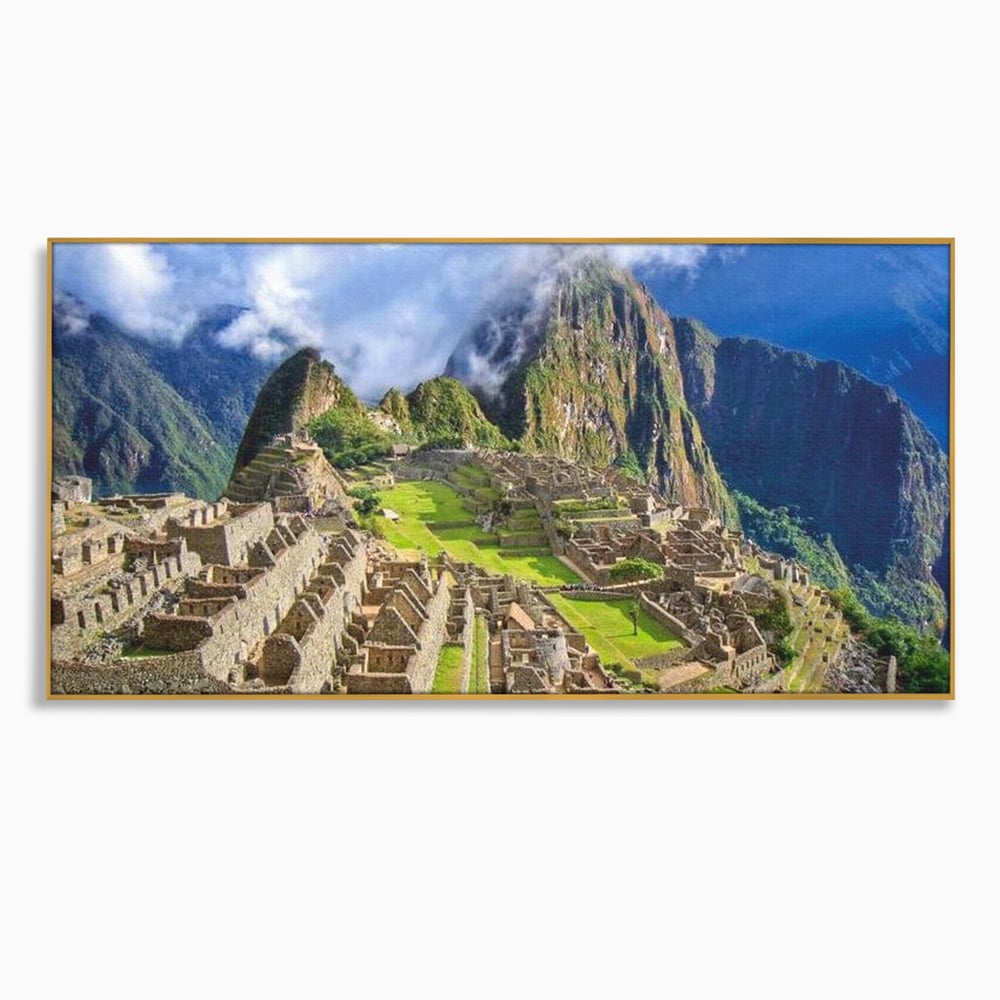 Tablou canvas cu tablou canvas cu cetatea machu picchu, in rama de aluminiu auriu
