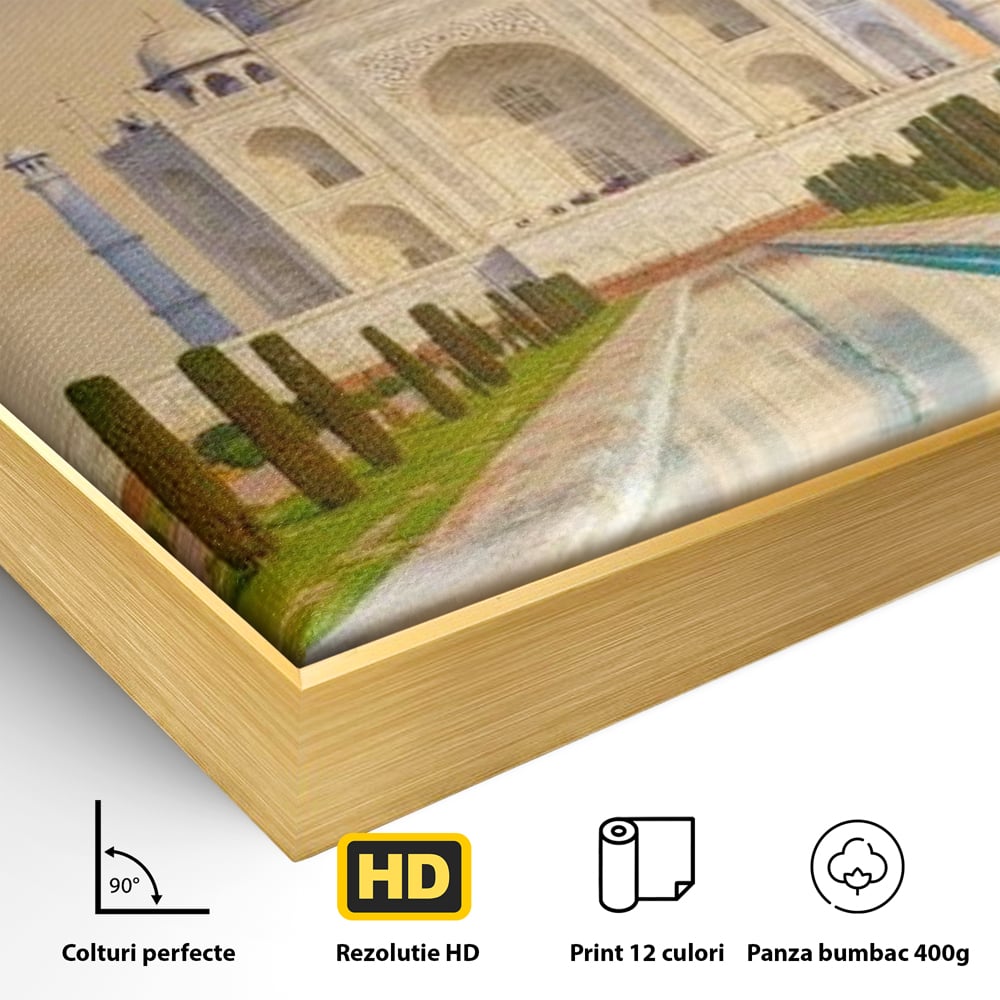 Detaliu al suprafetei: tablou canvas cu taj mahal, in rama de aluminiu auriu