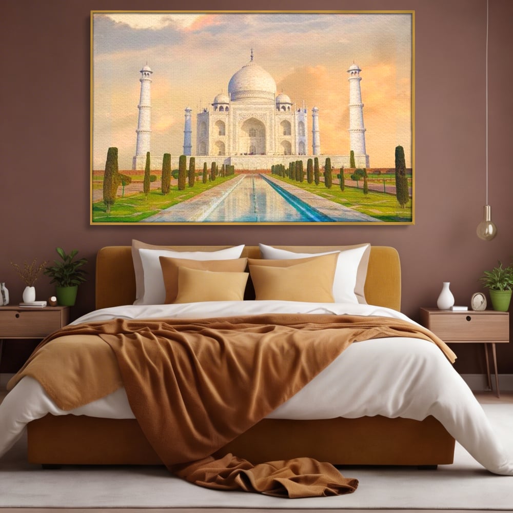 Tablou canvas cu tablou canvas cu taj mahal, in rama de aluminiu auriu, pe perete intr-un dormitor