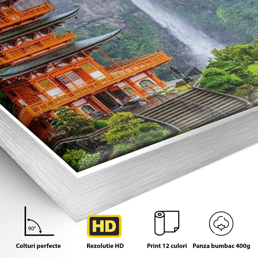 Detaliu al suprafetei: tablou canvas cu pagoda si cascada, in rama de aluminiu argintiu