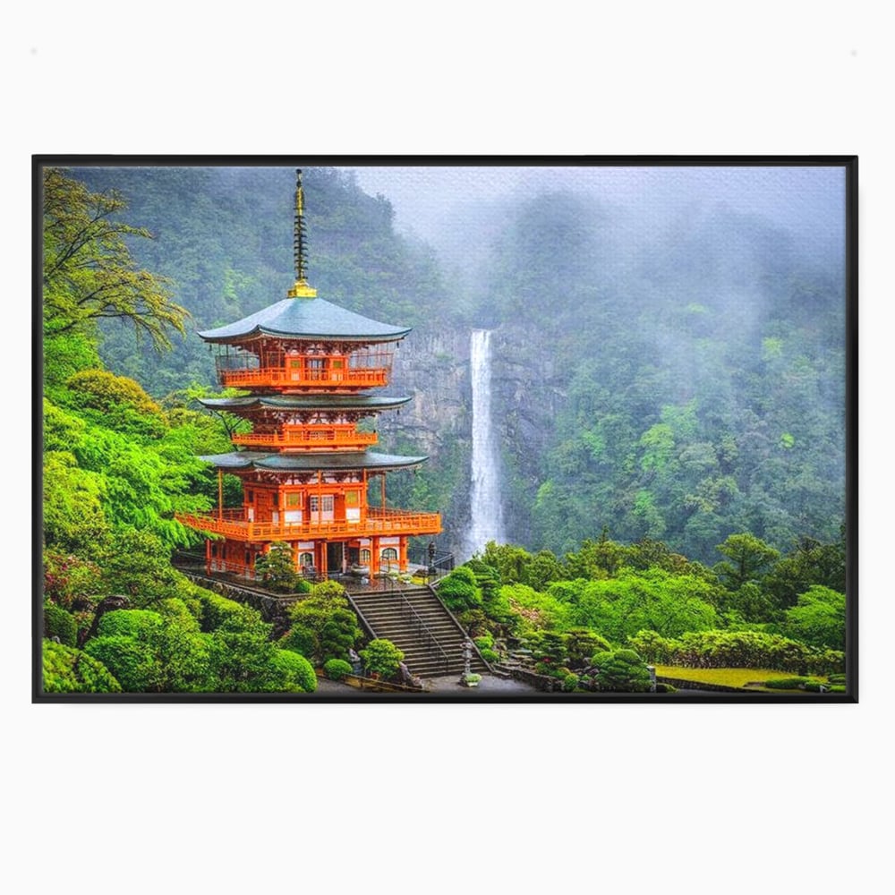 Tablou canvas cu tablou canvas cu pagoda si cascada, in rama de aluminiu negru