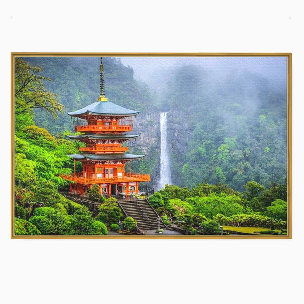 Tablou canvas cu tablou canvas cu pagoda si cascada, in rama de aluminiu auriu